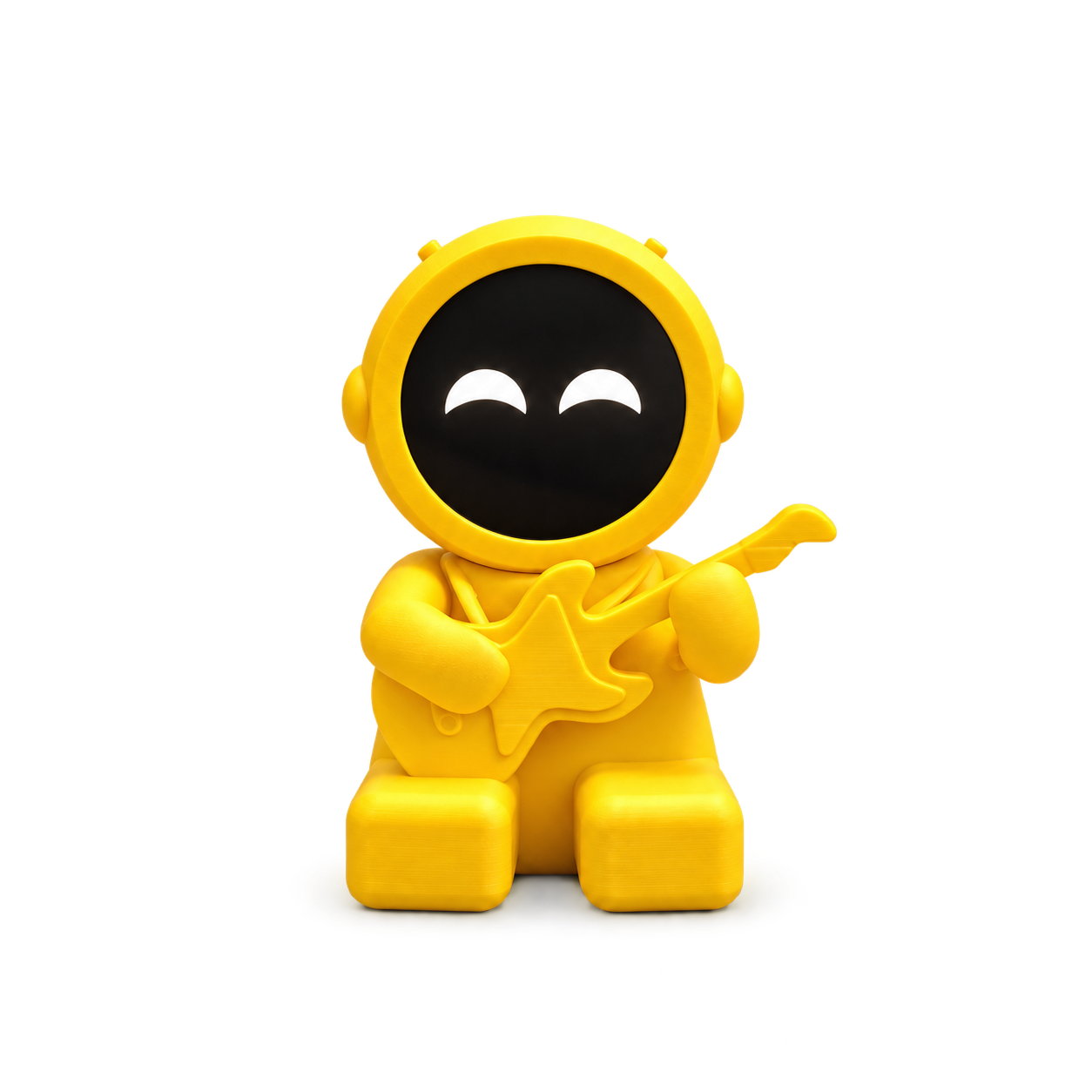 Yellow RW desk robot with smiling eyes and guitar
